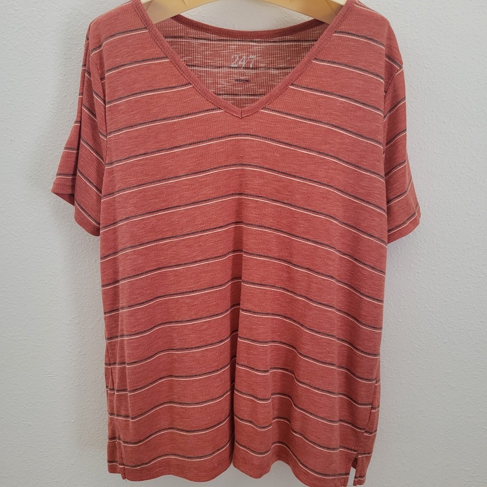 Maurices 24/7 Top Tee Womens 1X Orange Striped Scoop V Neck Loose Soft Ribbed